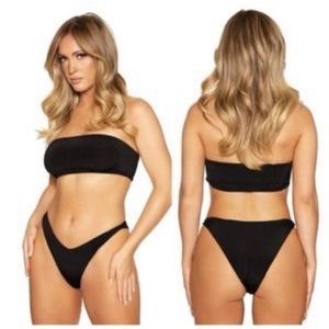 Naked Wardrobe Swimsuit 2 Piece Bikini Set High Waist Bandeau Black Large NWT.